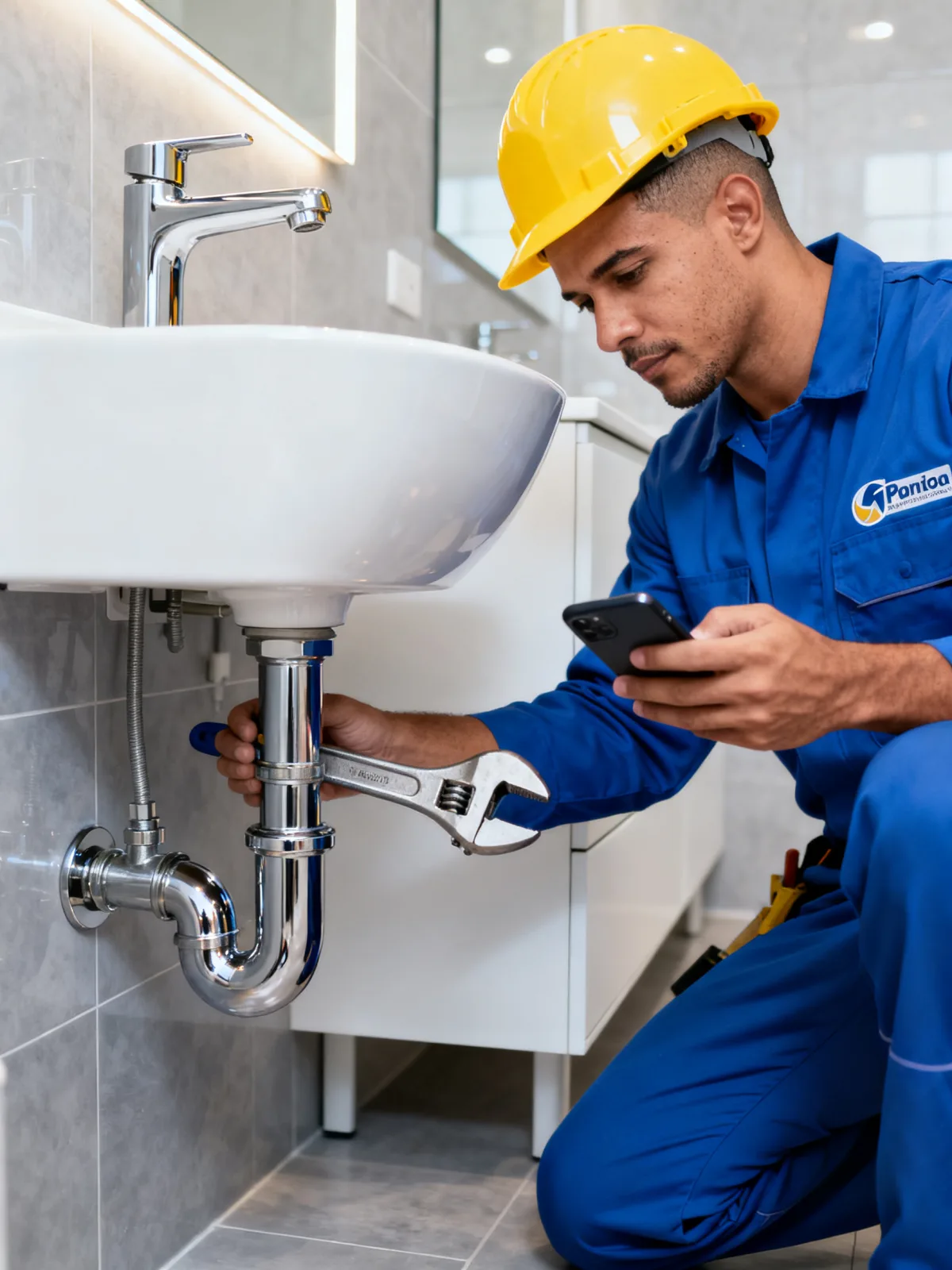 Plumber looking up service details on his phone