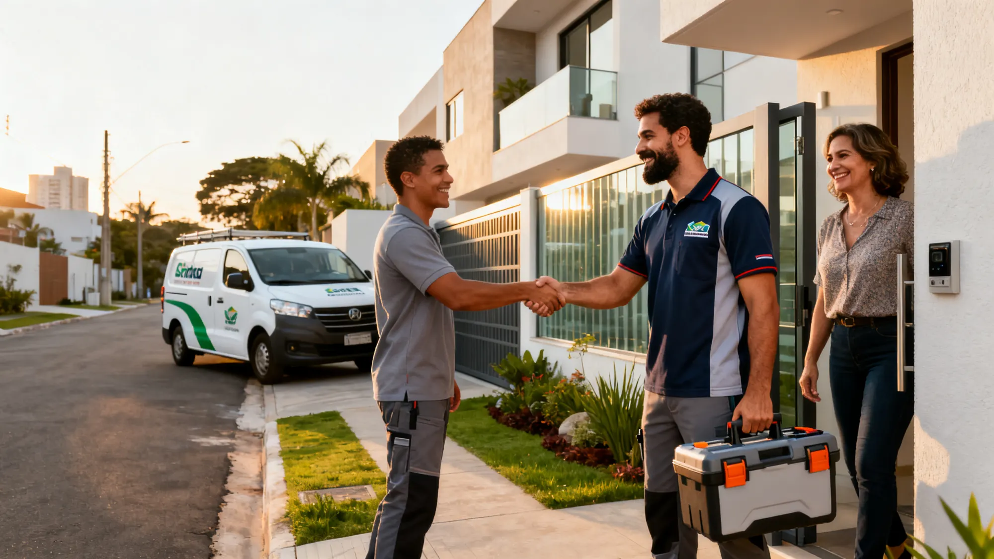 Service professional greeting a customer at her front door