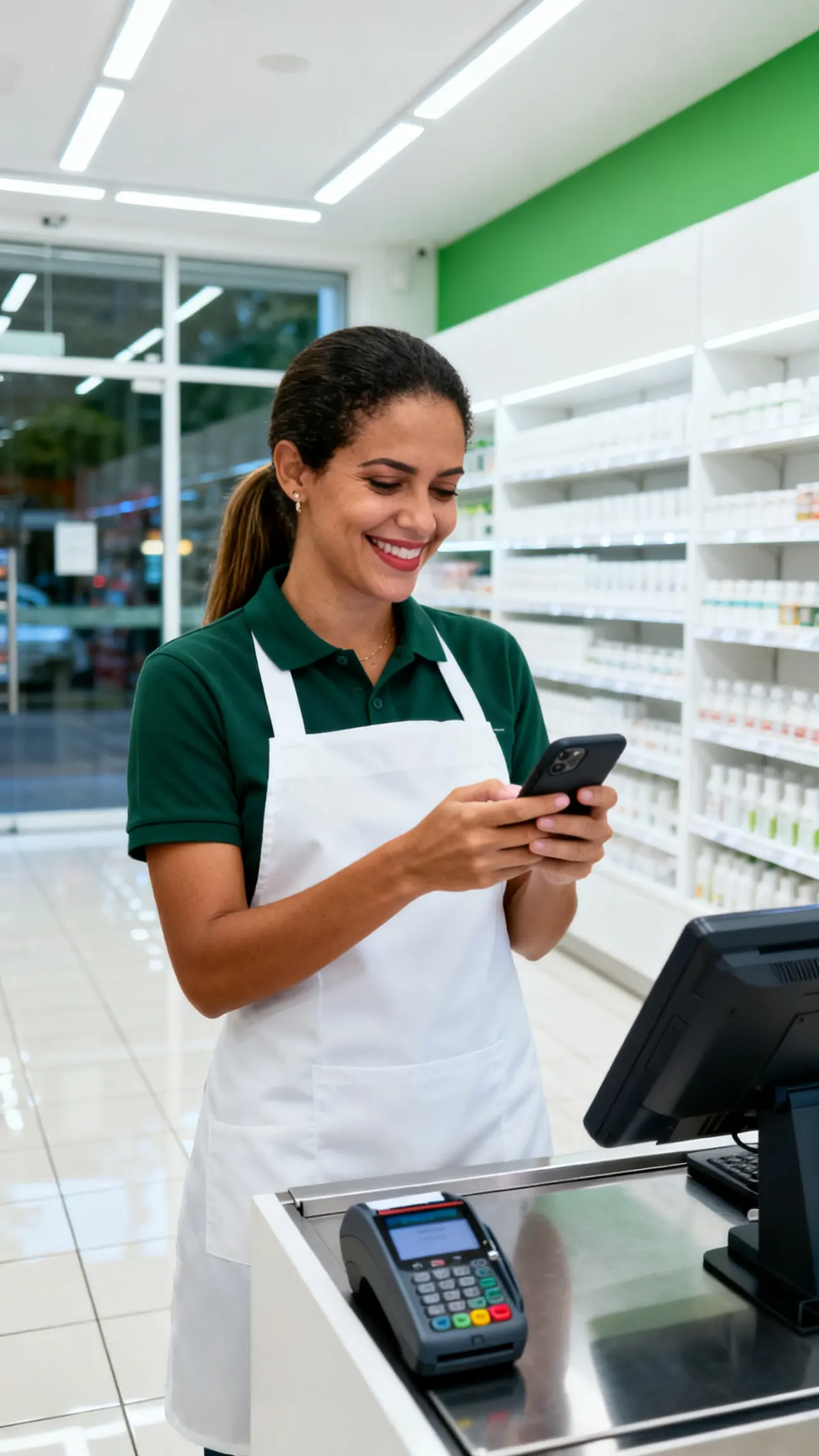 Neighborhood shop owner behind the counter checking her phone