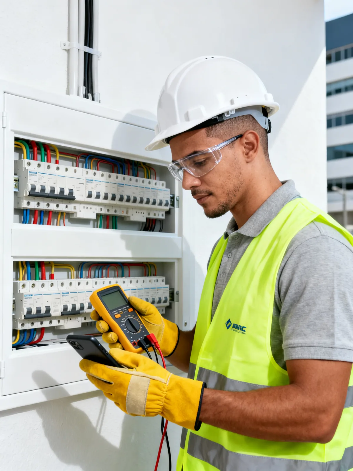 Self-employed electrician checking his phone on the job
