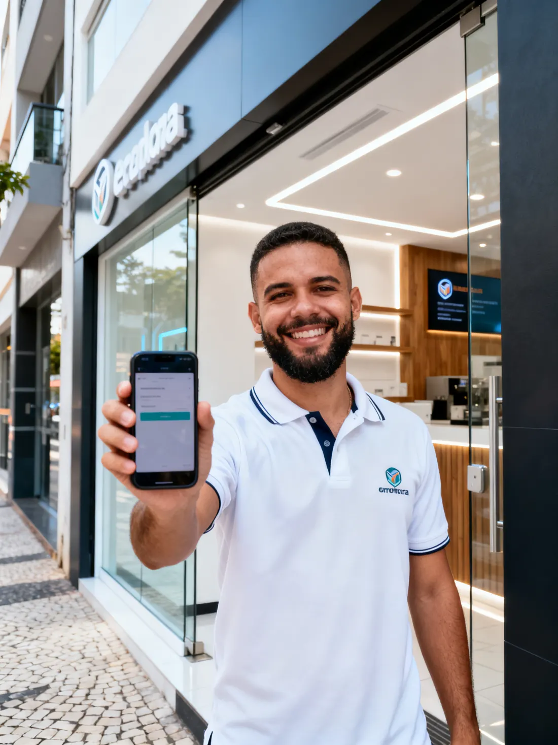 Shop owner showing off his own sales page on his phone